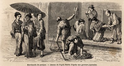 Un vendedor ambulante de pulpos ofrece sus productos a los transeúntes, en la calle Edo (o calle Yedo, ahora Tokio). Grabado para ilustrar el viaje a Japón en 1863-1864, por Aime Humbert, ministro de la Confederación Suiza, en “Le tour du monde, nouveau jo de Unknown artist