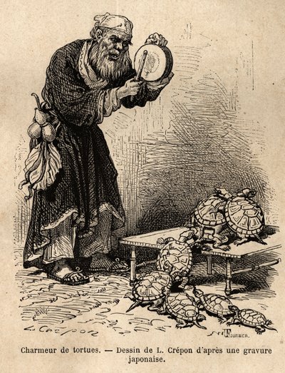 Un encantador de tortugas, perteneciente al intermedio jam entre mendigos y charlatanes de hadas. Grabado para ilustrar el viaje a Japón, por Aime Humbert, ministro de la Confederación Suiza, en 1863-1864, publicado en “Le tour du monde”. de Unknown artist