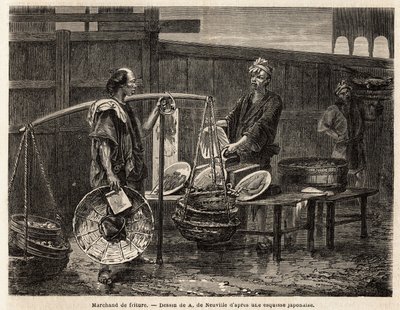 Un vendedor ambulante de frituras, lleva sus donas en cestas, y viaja al mercado para vender, a los otros comerciantes, el almuerzo. Grabado para ilustrar el viaje a Japón, en 1863-1864, por Aime Humbert, ministro de la Confederación Suiza, en “Le tour du  de Unknown artist