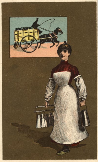 Un lechero ambulante (reparto o lechería). Cromolitografía anónima, finales del siglo XIX de Unknown artist