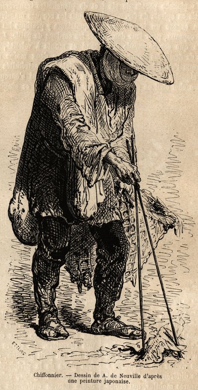 Un trapo ambulante, usando largos palillos agarra los trapos que almacena en su cesta antes de venderlos a un mayorista. Grabado para ilustrar el viaje a Japón, por Aime Humbert, ministro de la Confederación Suiza, en 1863-1864, publicado en "le tour du mo de Unknown artist