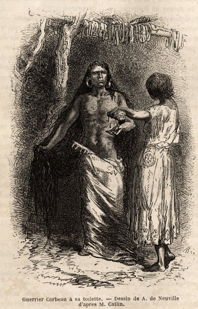 Un guerrero de la tribu india Crow (cuervos), que vive a lo largo del río Lewis, haciendo su aseo. Grabado para ilustrar una excursión entre las tribus indias de las cuencas de Colombia y el Alto Missouri, por G. Catlin, en 1855, publicado en "le tour du m de Unknown artist