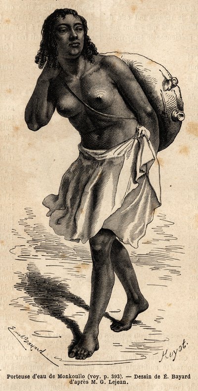 Un aguador de Monkoullo, una mujer samhariana (Etiopía), llevando una parte superior de cuero colgada de una larga cuerda de fibra de palma, que vacía en un gran tanque de arcilla para dar de beber a la bestia. Grabado para ilustrar el viaje a Abisinia, en de Unknown artist