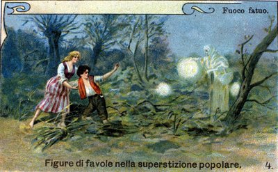 Un fuego fatuo, una luz difusa que se puede ver por la noche cerca de los pantanos y cementerios, sería un espíritu astuto de la tradición popular. Cromolitografía del siglo XIX de Unknown artist