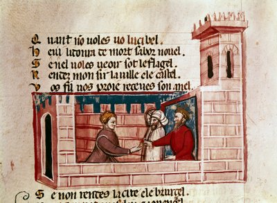 Una mujer se encuentra con un rey en un castillo y le presenta un regalo. Miniatura de 