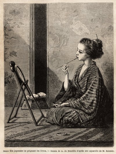 Una joven de Yedo (o Edo, actual Tokio), pintándose los labios frente a su espejo, tiene a su lado la caja de laca que contiene sus necesidades: peines, cepillos y horquillas, polvo de dientes, polvo de arroz y otros cosméticos. Grabado para ilustrar de Unknown artist