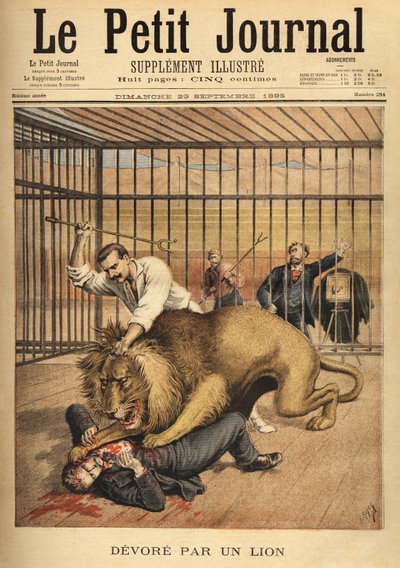 Un joven, queriendo ser fotografiado en la jaula de un león, es devorado, a pesar de los esfuerzos del domador por sujetar al león. Grabado en "Le petit journal" 29/09/1895. Colección Selva. de Unknown artist