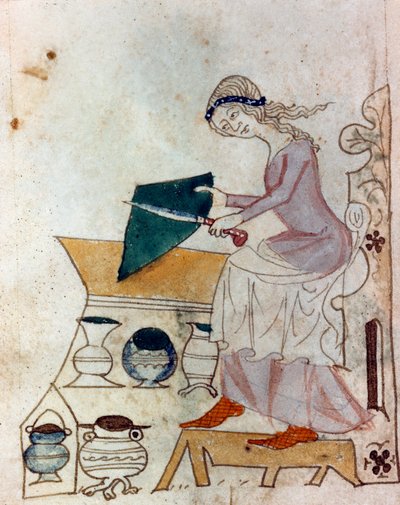 Una joven afilando un cuchillo. Miniatura tomada de un manuscrito provenzal 