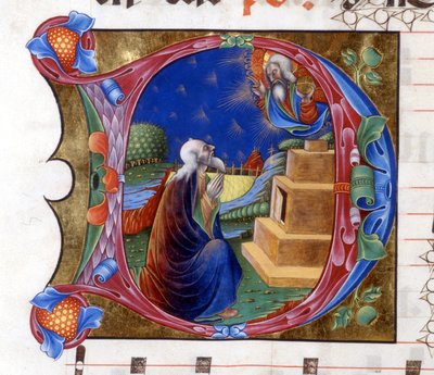 Abraham invitado por el Señor a dejar su tierra. Miniatura de un coro del siglo XV ("civitatis" de San Agustín). Biblioteca de Lodi de Unknown artist