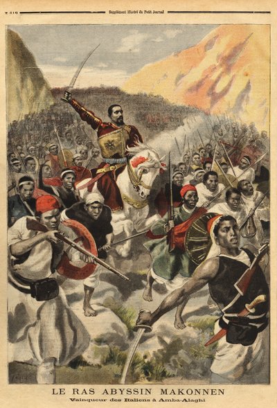 Ras abisinio Ras Makonnen (Mekonnen Welde Mikael) (Abba Qagnew) (1852-1906), señor de la guerra y brazo derecho del Emperador Menelik II (1844-1913), con sus tropas, vencedor de Amba Alaghi, del ejército italiano comandado por el Mayor Toselli. Grabado en  de Unknown artist