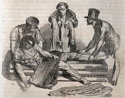 Medicina de accidentes - sobre el alivio más efectivo para los ahogados - para desvestirse lo más rápido posible, hay que rasgar las prendas mojadas - grabado en 