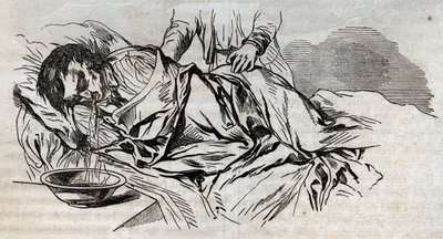 Medicina de accidentes - sobre el alivio más efectivo para dar a las personas ahogadas - los pañales de nuez en el costado y vomitando el agua que bebió - grabado en "La Santé Universelle - Guía Médica de las Familias" 1852 de Unknown artist