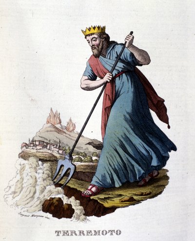 Según la mitología griega, los terremotos son causados por Neptuno que sacude la tierra con su tridente. Grabado del siglo XIX de Unknown artist
