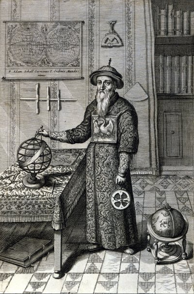 Adam Schall, astrónomo (1592-1666) con traje de mandarín en el Observatorio de Pekín, en “China” de Athanase Kircher (o Athanasius Kircheri) de Unknown artist