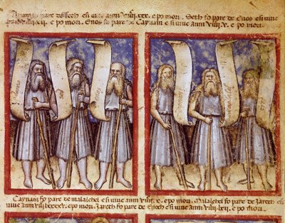 La genealogía de Adán es seguida por Seth, Enoc, Kenan, Mahalalel y Jared, los grandes patriarcas de la Biblia en miniatura tomada del códice 212 (o padovano o Biblia de Padua) 1390-1400 de Unknown artist