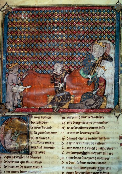Adenet le Roi (circa 1240- circa 1300), poeta y juglar, recita la novela de Cleomades ante Mathilde de Brabant (1224-1288) y la Princesa Blanca de Castilla (hija de San Luis). Miniatura de una colección de poesía francesa de Unknown artist
