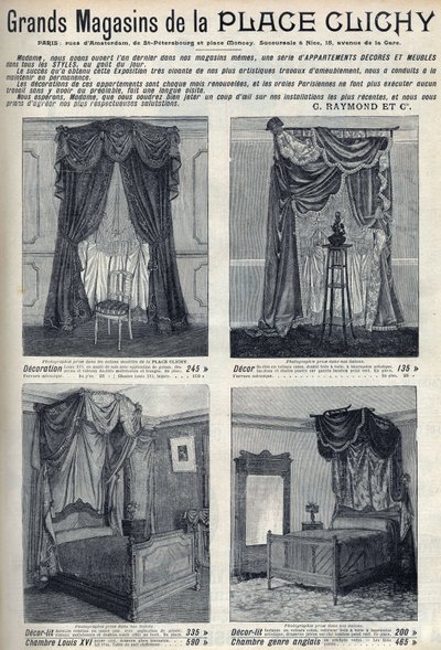 Publicidad para muebles y decoraciones de los grandes almacenes de la Place de Clichy en París. Grabado en 