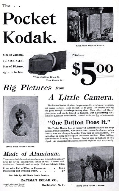 Publicidad para la cámara Kodak de bolsillo. (Pocket Kodak) 1895. Colección privada de Unknown artist