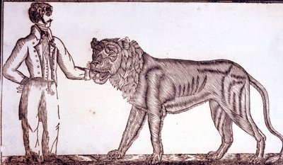 Publicidad para el circo en 1800 que muestra a un domador poniendo su mano en la boca de un león. de Unknown artist