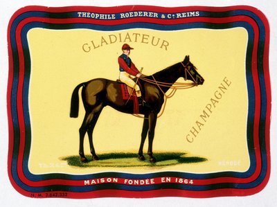 Etiqueta publicitaria para “Gladiateur Champagne - Théophile Roederer & Cía. Reims - Casa fundada en 1864”. Cromolitografía n.d. de Unknown artist