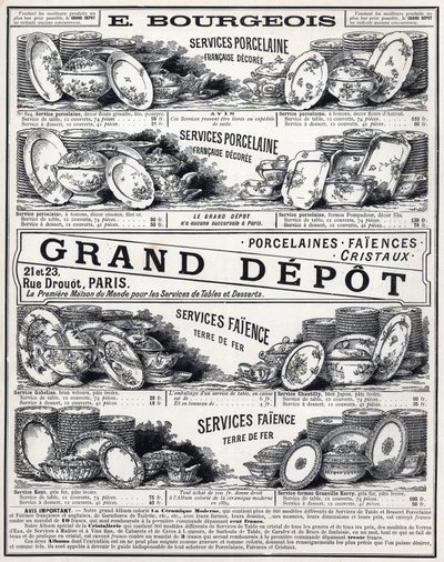 Publicidad de 1889 para "La Ceramic Moderne By Le Grand Depot De Porcelaines, Faiences Et Verreries Bourgeois en París" de Unknown artist