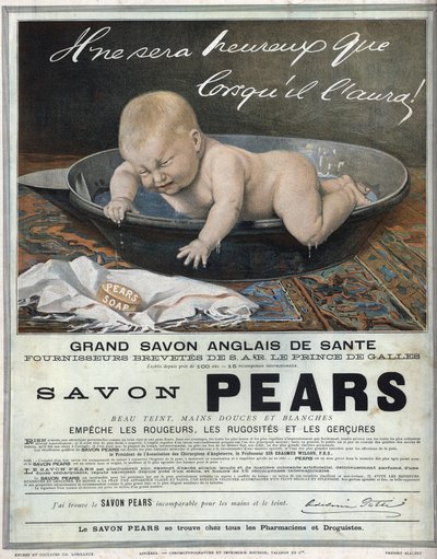 Publicidad de 1889 para el jabón inglés "Pears", gran jabón de salud inglés. Un bebé en su baño hace un capricho (llora) e intenta atrapar el jabón de Unknown artist