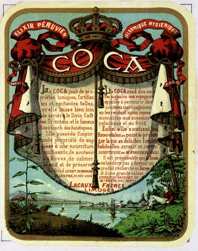 Publicidad de Coca (producto extraído de la cocaína): "Elixir Higiénico Balsámico Peruano COCA", cromolitografía del siglo XIX de Unknown artist