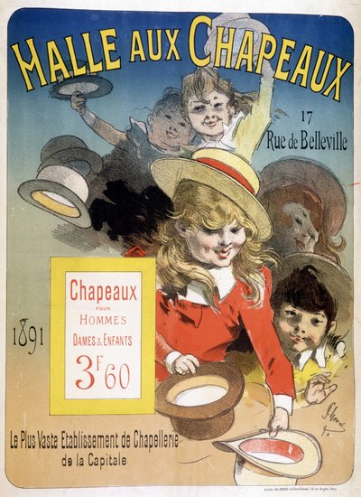 Cartel publicitario para la “Halle aux hats”, rue de Belleville en París de Unknown artist
