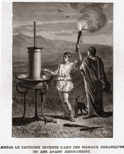 Eneas el Táctico inventa el arte de las señales frásicas, 366 a.C. Grabado del siglo XIX, colección Bianchetti de Unknown artist