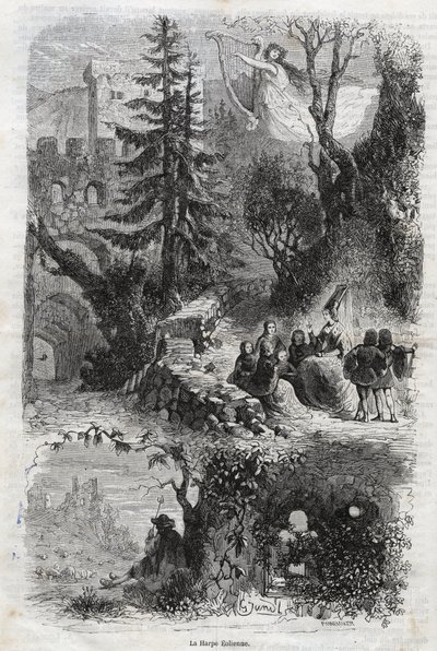 Arpa eólica - arpa de viento - Arpa eolia - Arpa de viento - instrumento musical tocado por el viento - grabado de 1860 de Unknown artist