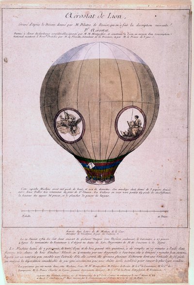Aerostato de Lyon construido a partir de un modelo de los hermanos Montgolfiere (Joseph y Etienne), alrededor de 1783. Grabado del siglo XIX de Unknown artist