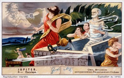 Esculapio muere, fulminado por Júpiter, por resucitar a los muertos - Oxo cromolitografía, producida por Liebig de Unknown artist