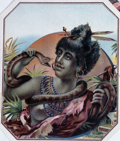Mujer negra africana y serpiente - Etiqueta de caja de cigarros, finales del siglo XIX de Unknown artist