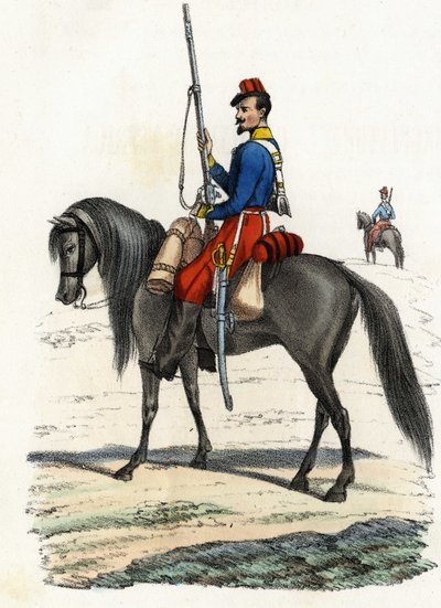 Cazador africano a caballo, regimiento formado en 1831 y presente en Argelia en 1832. En "Storia d