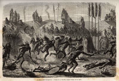 Después de la ceremonia de entrega al Gran Espíritu, los jóvenes guerreros abrazan una danza frenética y desbordante, los más débiles son arrastrados por el suelo, entre los indios Mandan (o noumah ka kie: faisanes), en la orilla izquierda del Missouri. Gr de Unknown artist