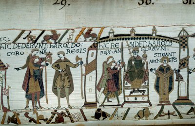 Después de la muerte de Eduardo el Confesor, Harold fue coronado rey con el nombre de Harold II en 1066 (detalle) de Unknown artist