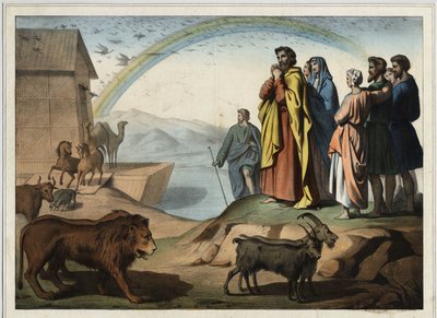 Después del diluvio, los animales descienden del arca. A la derecha: Noé, su esposa, sus tres hijos (Sem, Cam y Jafet) y sus esposas. Al fondo, el arco iris (símbolo del pacto de la creación entre Noé y Dios). Grabado anónimo de mediados del siglo XIX. de Unknown artist