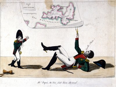 Ah, papá, te lastimaste. Caricatura sobre el exilio de Napoleón Bonaparte en la isla de Elba de Unknown artist
