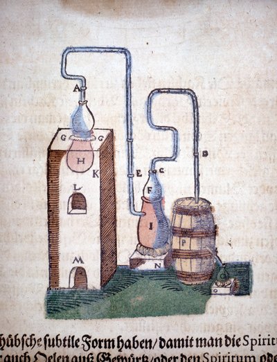 Alquimia: aparato para destilación, tomado de un libro de Pietro Andrea Mattioli (1500-1577). Frankfurt de Unknown artist