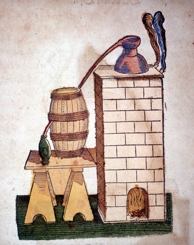 Alquimia: aparato para destilación. Grabado de un libro de Pietro Andrea Mattioli (1500-1577). Frankfurt de Unknown artist