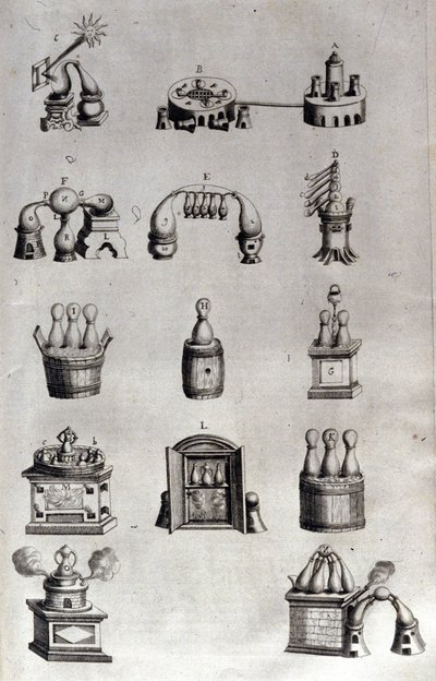 Alquimia: tablero que representa diferentes modelos de aparatos de destilación y alambiques. Athanase Kircher (o Athanasius Kircheri 1602-1680), jesuita alemán. Grabado del siglo XVII. de Unknown artist