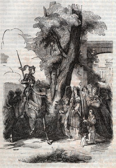 Alcina y su corte vienen a saludar a Ruggiero - grabado de 1851 del poema Orlando furioso (1516) de Ludovico Ariosto, - Edición traducida del italiano por el Conde de Tressan y publicada por Gustave Harvard 1851 de Unknown artist