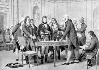 Alessandro (Alexandre) Volta explica a Napoleón Bonaparte el principio de su batería eléctrica - en “El Universo y la Humanidad” de Kraemer de Unknown artist