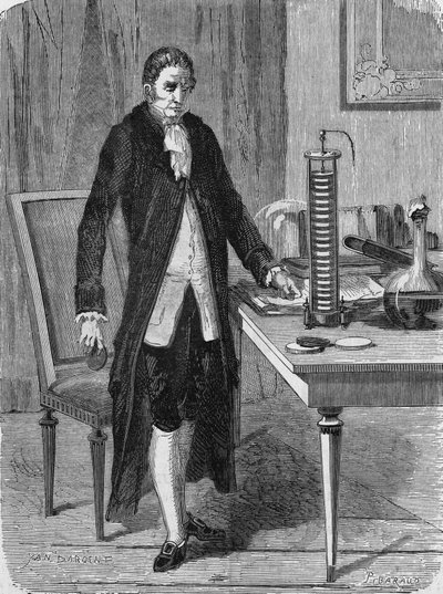 Alexander (Alessandro) Volta construyó, en diciembre de 1799, el motor eléctrico (o batería). En “Álbum de la Ciencia”, Éditions Jouvet de Unknown artist