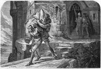 Alejandro, rey y bastardo de Borbón fue cosido en una bolsa y arrojado al Amanecer para reemplazarlo con el delfín, el futuro Luis XI. Grabado del siglo XIX de Unknown artist