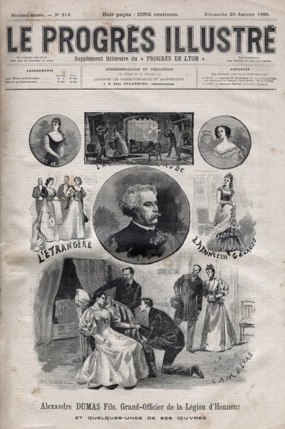 Alexandre Dumas Jr. - Gran Oficial de la Legión de Honor y algunas de sus obras - grabado en 