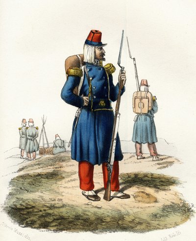 Argelia, infantería ligera del ejército francés de África durante la expedición de 1830. En “Storia d
