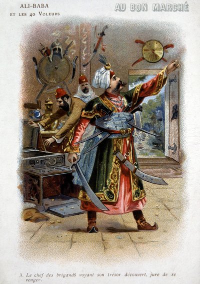 Ali - Baba (Ali Baba) y los 40 Ladrones (cuentos de las mil y una noches): El jefe de los ladrones viendo su tesoro descubierto, jura venganza - Cartón de la "Buena Marcha", finales del siglo XIX de Unknown artist