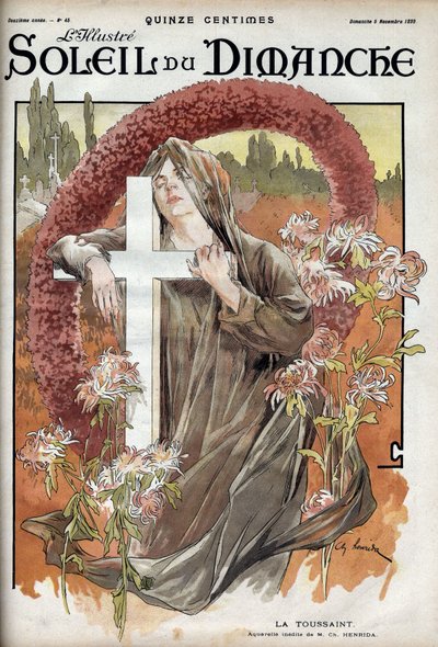 Todos los Santos. Alegoría de la fiesta de los muertos con una mujer en traje de luto sobre una cruz católica en un cementerio. Grabado en "Le sun-du-dimanche", 5 de noviembre de Unknown artist