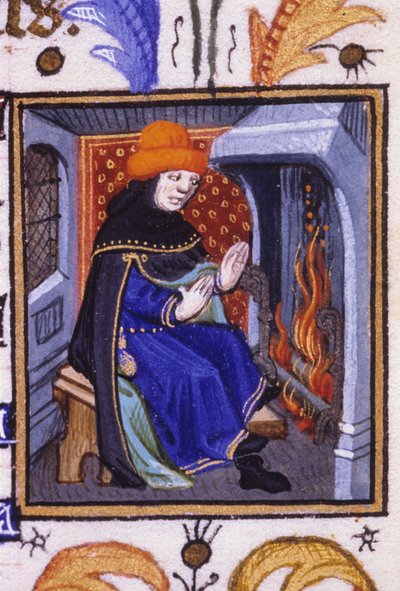 Representación alegórica de febrero. Un hombre se calienta frente a su chimenea. Miniatura de un manuscrito del siglo XIV de Unknown artist